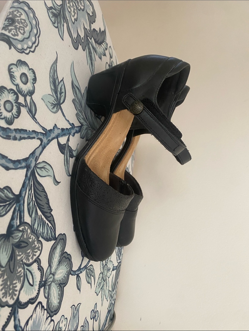 Clarks Black Leather Slingback Clogs with Embossed Strap